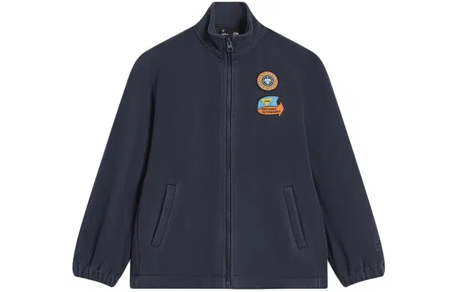 李宁儿童 图案印花立领抓绒运动夹克 儿童款 深海军蓝