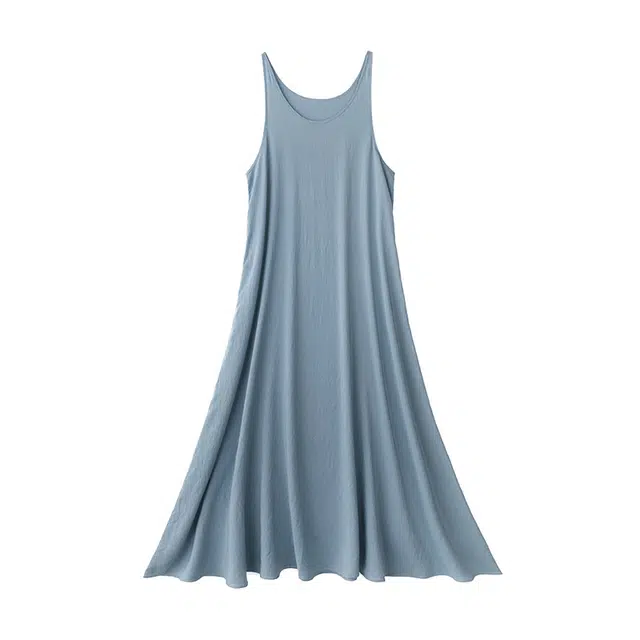 曲韩 宽松大码纯色沙滩背心长裙子时尚休闲百搭夏季吊带连衣裙 女款 蓝色