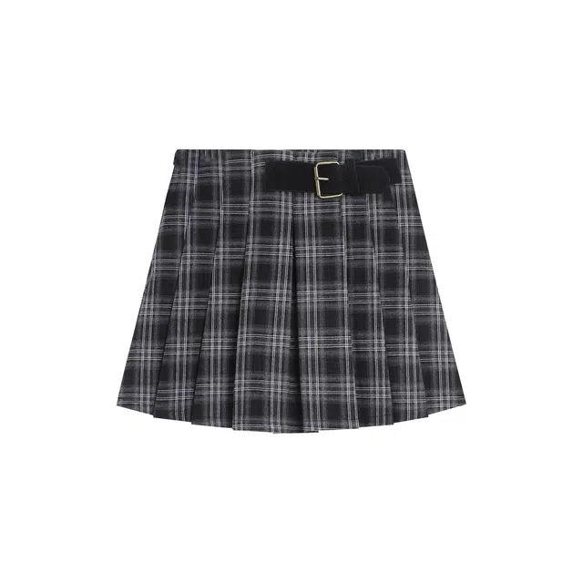 冰淇淋与鲸 高腰舒适细腻柔和格纹百褶休闲短裙 女款