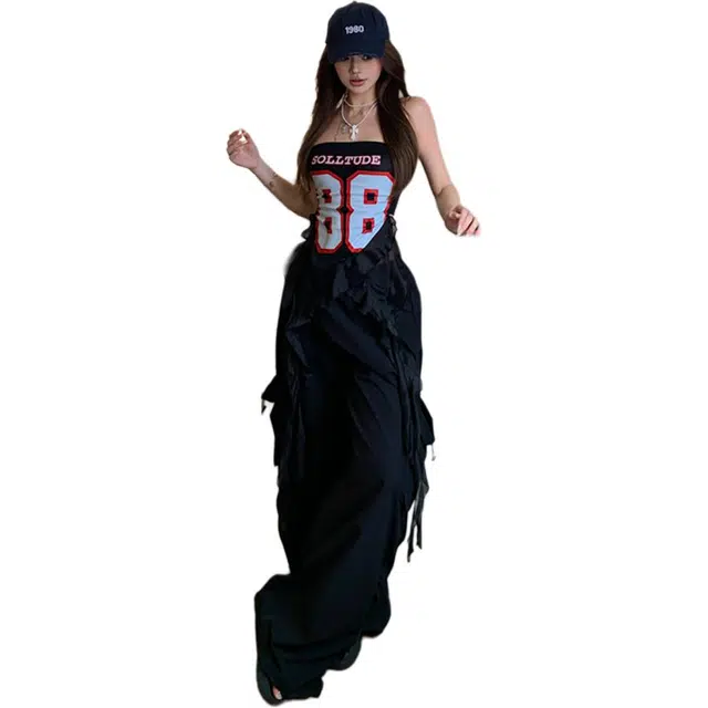 敲模女孩 甜酷风一字肩美式辣妹抹胸上衣松紧腰运动工装裤休闲套装 女款 黑色