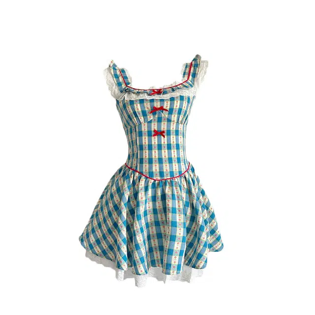 敲模女孩 法式田园风甜美格子收腰小飞袖高级感蓬蓬裙吊带连衣裙 女款 蓝色