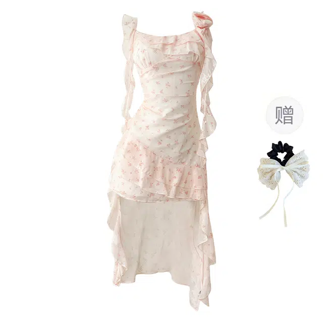 涂诗菲 纯欲风甜美立体花朵碎花收腰显瘦短裙飘带不规则吊带连衣裙 女款 粉色