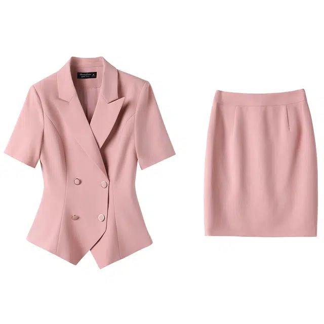 唐娜姿兰 正装职业双排扣通勤工作服短袖裙装套装 女款