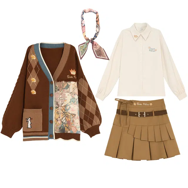 森女部落 原创氛围感复古衬衫美式半身裙森系慵懒针织衫外套裙装套装 女款