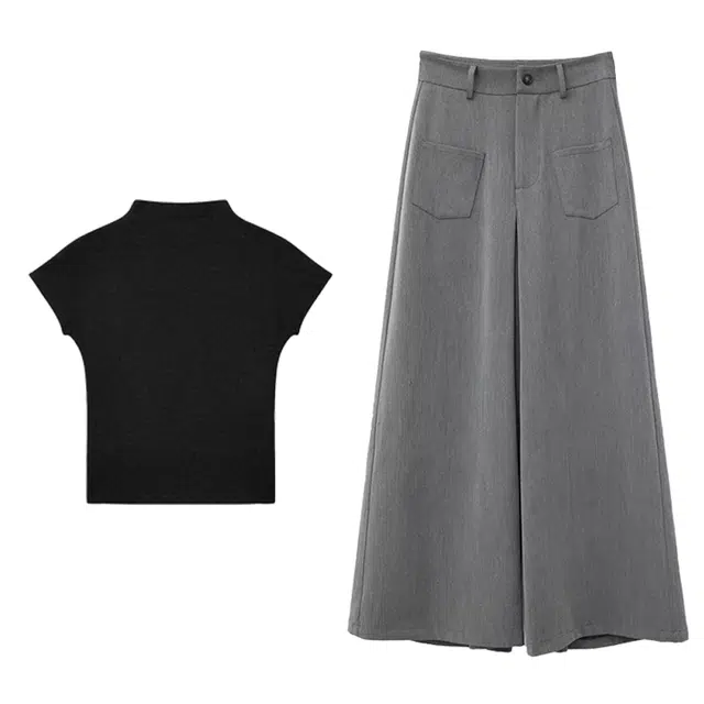 小卷要加油 纯欲慵懒高级感通勤日常百搭短袖直筒阔腿长裤休闲套装 女款