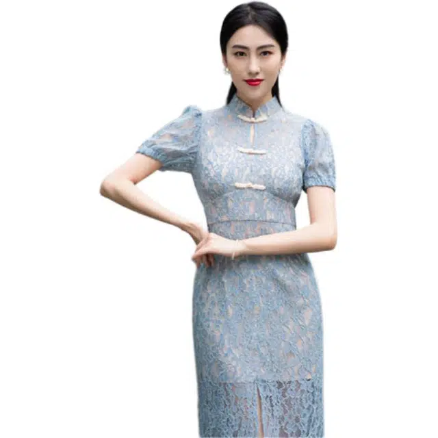 四美子 碎花刺绣收腰水溶花旗袍 蓝桥烟云