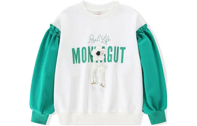 梦特娇 童装 字母印花色块拼接圆领长袖卫衣 女童 白色