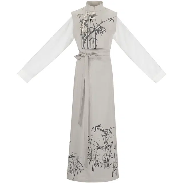 织造司 小马甲圆领衫改良旋裙修身汉服 女款 灰米杏