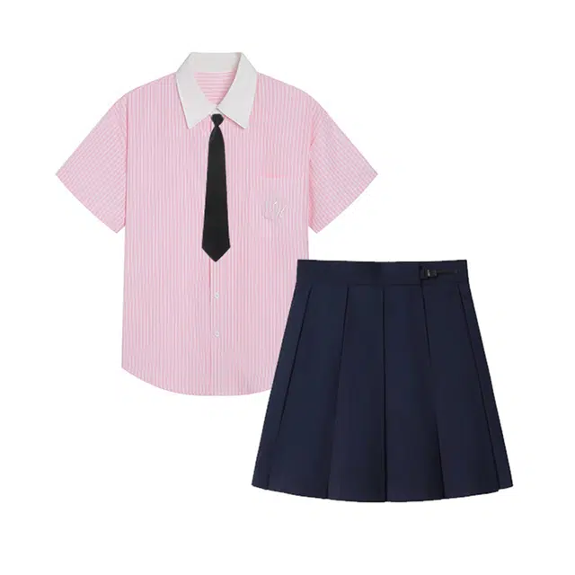 冰淇淋与鲸 宽松条纹尖领短袖衬衫纯色高腰百褶短裙制服 女款