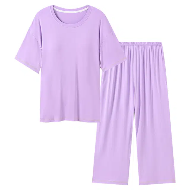 好福份 舒适亲肤圆领短袖长裤纯色休闲简约家居服睡衣套装 女款
