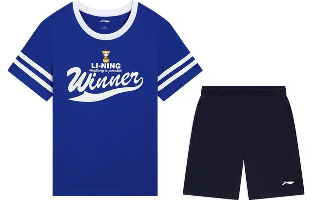 李宁儿童 运动生活系列 字母印花短袖短裤休闲运动套装 儿童款 蓝色