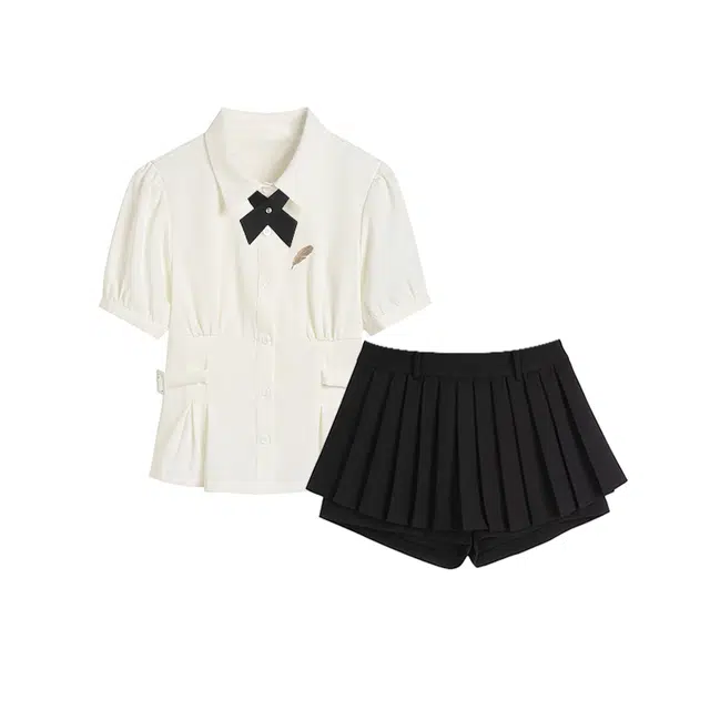 冰淇淋与鲸 方领刺绣短袖衬衫纯色百褶裙制服 女款