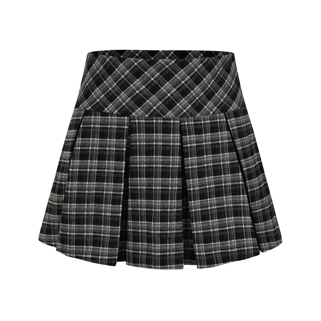 九条喵 学院风格子中腰短款修身百褶裙休闲短裙 女款