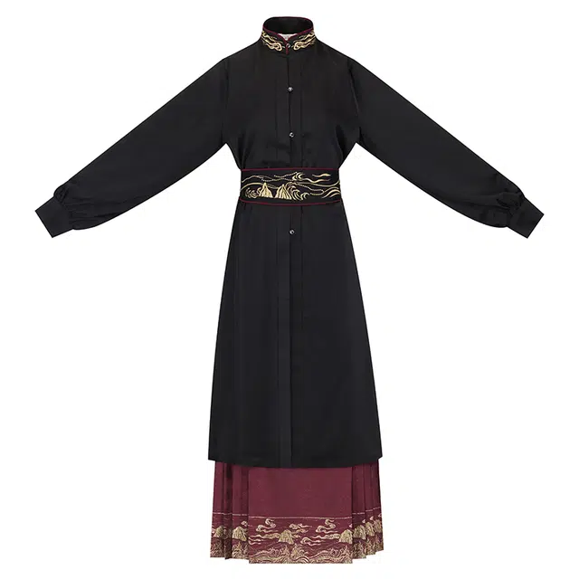 织造司 破晓 明制汉元素立领长衫绣花腰封暗纹织金马面裙三件套汉服 女款 黑色