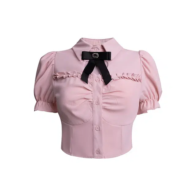 花山家的猫 纯色圆领超短款背带裙高腰修身泡泡短袖衬衫制服套装 女款