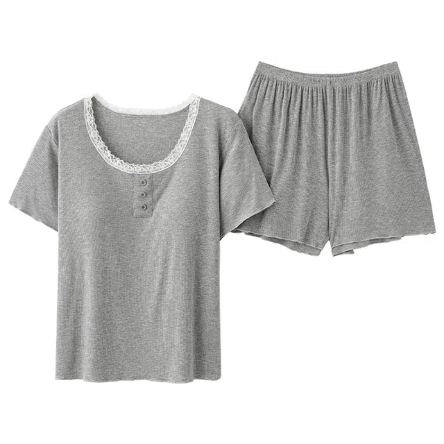 好福份 带胸垫短袖蕾丝拼接柔软亲肤可外穿家居服睡衣套装 女款