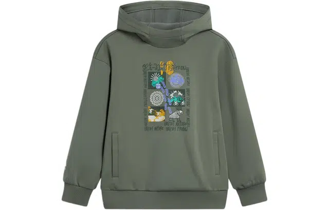 李宁儿童 童装 运动生活系列 花卉连帽套头抓绒卫衣 男童 灰军绿