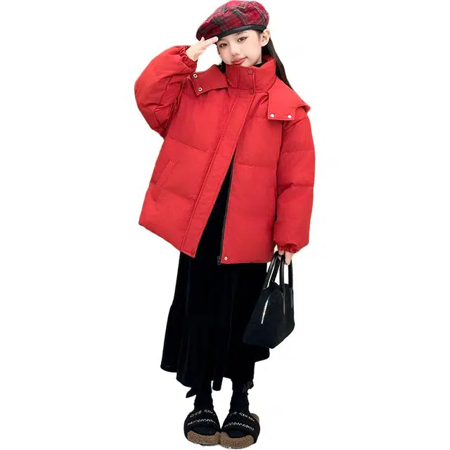 木木屋 简约舒适长袖连帽羽绒服 红色 青少年