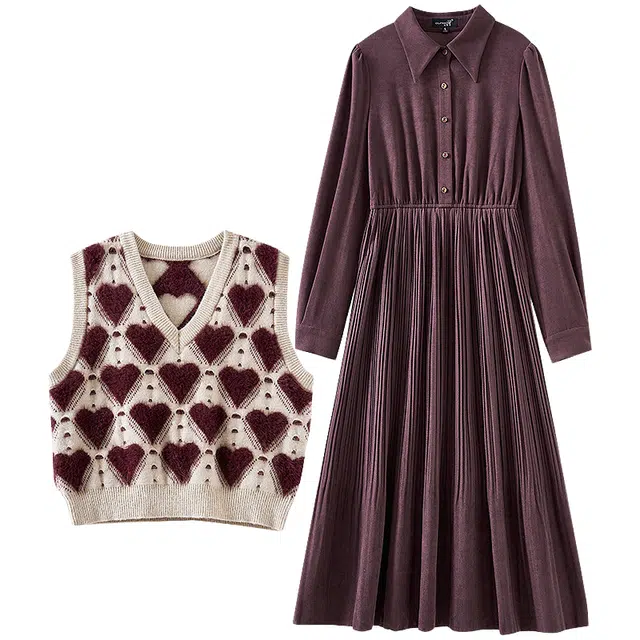 欧昵雪 气质简约舒适马甲时尚休闲连衣裙裙装套装 女款 栗色