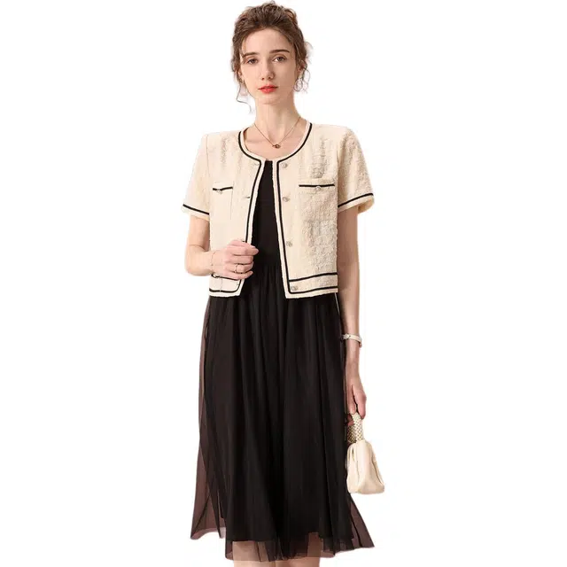 粉红玛琍 圆领短袖外套网纱连衣裙裙装套装 女款 白色