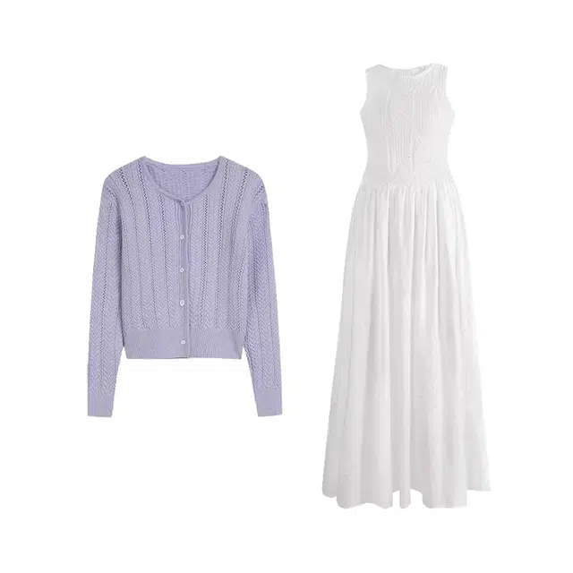 海獭 圆领休闲长袖针织开衫宽松纯色无袖连衣裙高级感镂空法式气质温柔风舒适裙装套装 女款