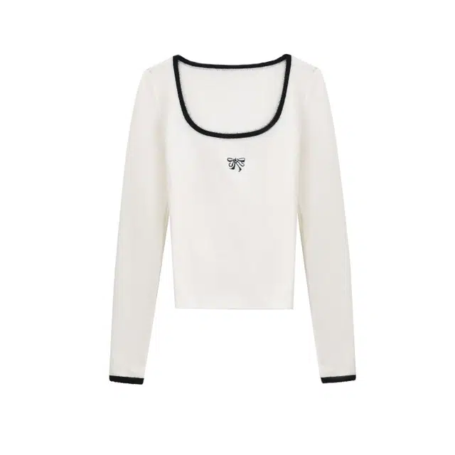 花山家的猫 撞色方领长袖针织制服上装 女款 白色