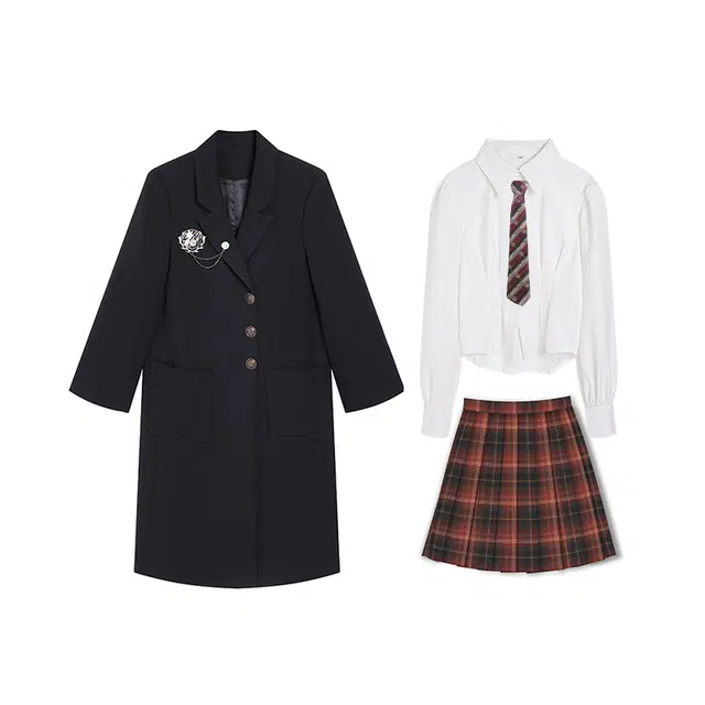 冰淇淋与鲸 纯色胸针挂饰中长款大衣长袖衬衫百褶短裙制服 女款