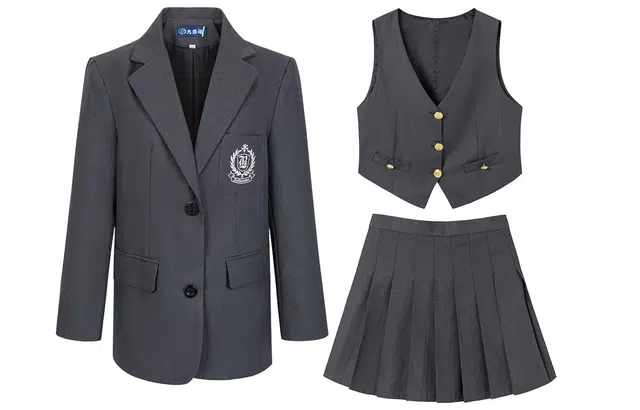 九条喵 宽松西装外套舒适背心休闲百褶裙制服 女款 深灰色