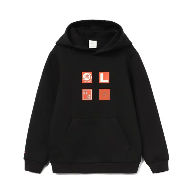 李宁 童装 运动生活系列 象棋魔术贴运动连帽套头卫衣 男童 黑色