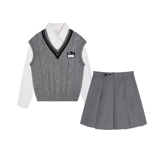 冰淇淋与鲸 针织拼接宽松马甲毛衣半身裙制服 女款 灰色