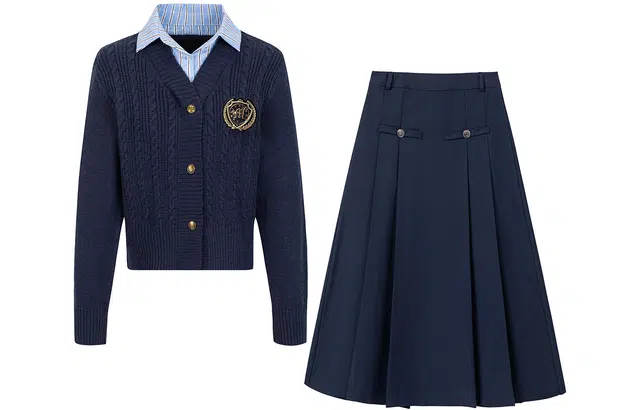 九条喵 学院风假两件单排扣针织衫高腰半身裙制服 女款