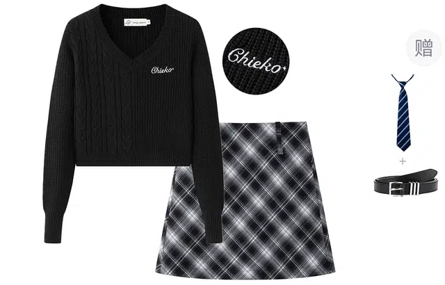 东鲸岁时记 港风复古绞花松弛感修身通勤长袖针织开衫字母刺绣格子包臀裙裙装套装 女款 黑色