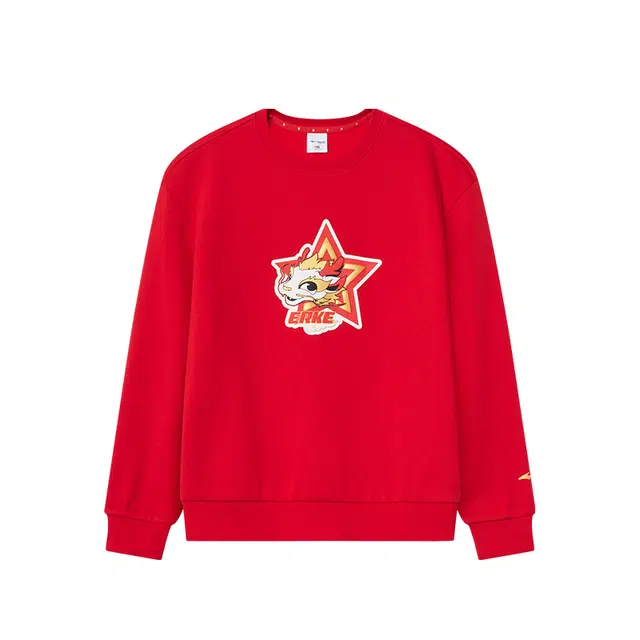 儿童款 鸿星尔克儿童 字母印花圆领套头加绒休闲长袖卫衣 东方红