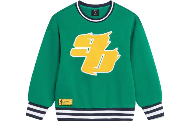 李宁儿童 加绒条纹字母圆领套头抓绒卫衣 儿童款 群青绿