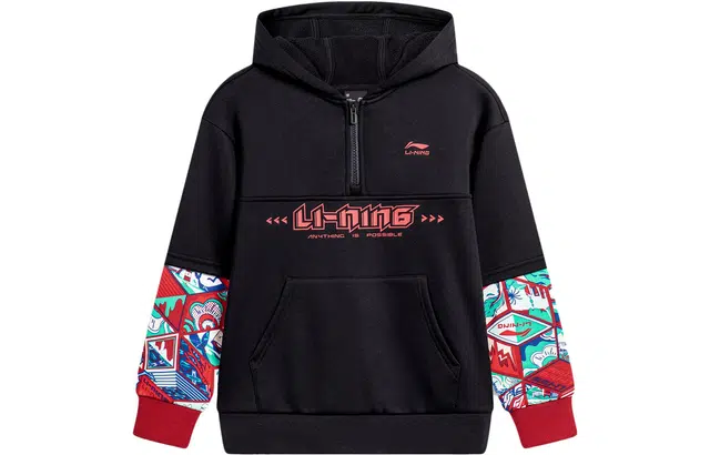 李宁儿童 童装 运动生活系列 印花拼接字母连帽套头假两件抓绒卫衣 儿童款 黑色