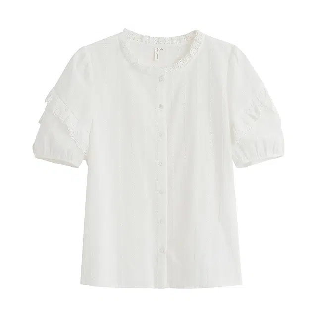 茵曼 荷叶领镂空刺绣纯棉度假风泡泡袖短袖衬衫 女款