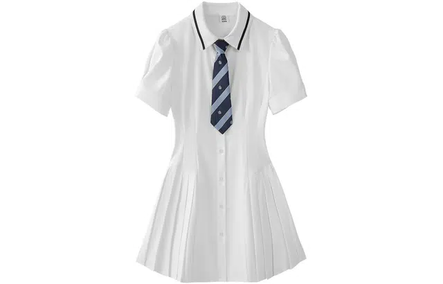 九条喵 小白川 纯色收腰衬衫式百褶短袖制服连衣裙 白色 开学季