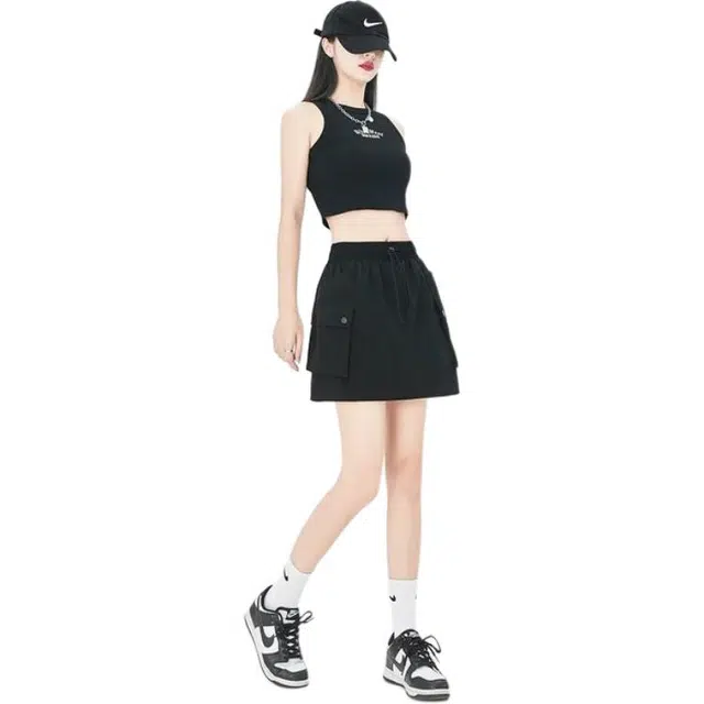 棉致 纯色简约辣妹风高腰口袋细带休闲短裙 女款