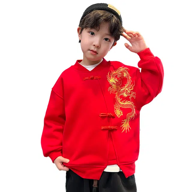 浪莎 本命年龙年系列 中国风印花盘扣立领卫衣 儿童款 红色