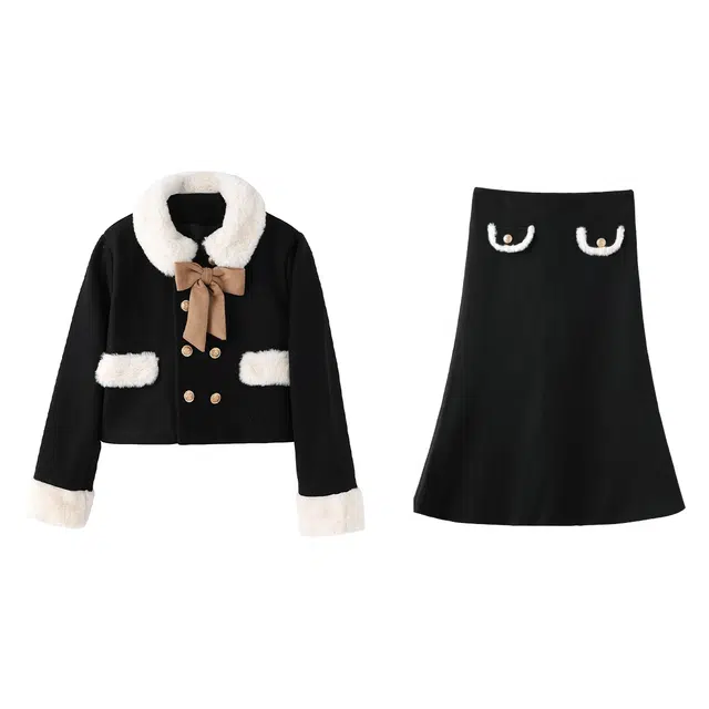 花栗鼠小姐 黑巧慕斯 法式小香风拼接撞色千金感毛呢长袖上衣百搭半身裙裙装套装 女款