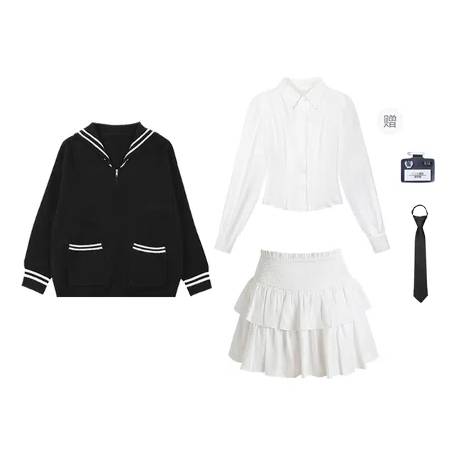 冰淇淋与鲸 学院风海军领宽松开衫外套纯色舒适简约长袖衬衫蛋糕裙休闲高腰短裙裙装套装 女款