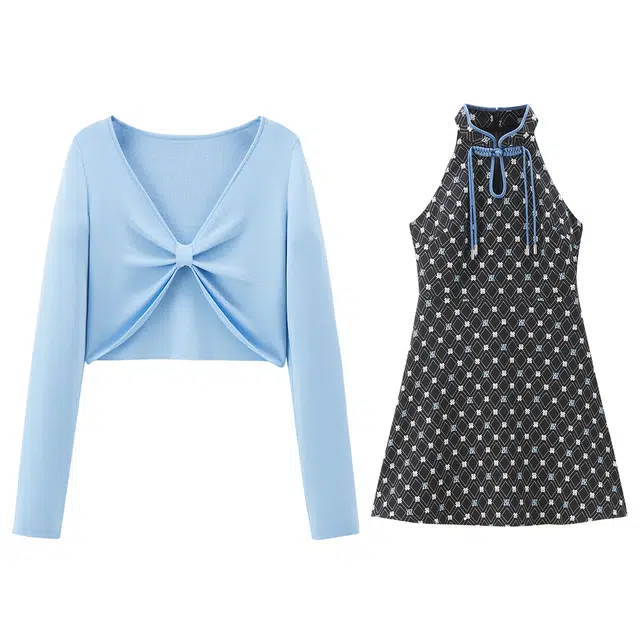 太平鸟 两件套国风提花连衣裙裙装套装 女款 黑色纹样