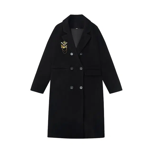 花山家的猫 纯色双排扣中长款毛呢大衣长袖衬衫套头马甲百褶短裙制服 女款