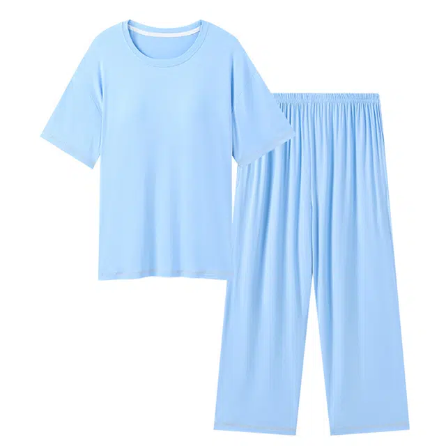 好福份 圆领短袖长裤纯色休闲小清新可外穿家居服睡衣套装 女款