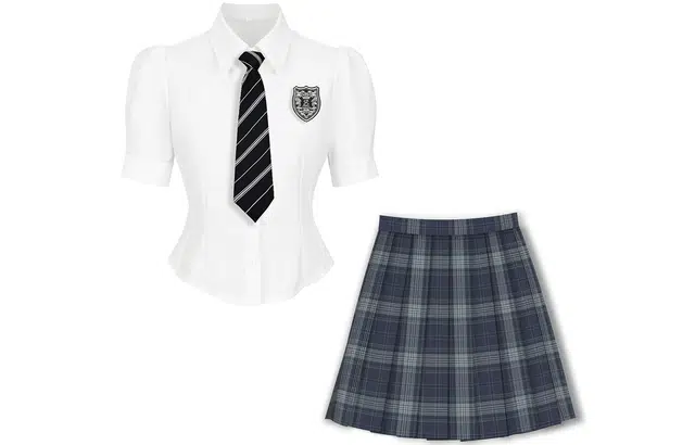 九条喵 收腰修身短袖衬衫格纹短款半身裙制服套装 女款