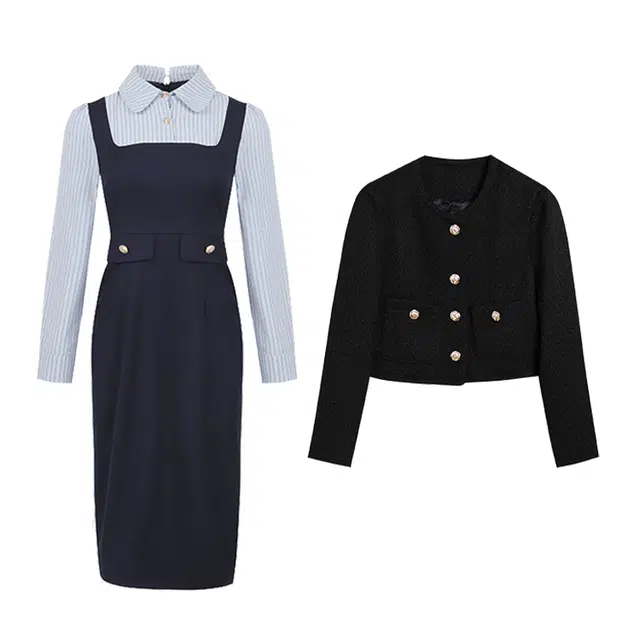 冰淇淋与鲸 小香风纯色收腰气质通勤休闲外套长裙连衣裙裙装套装 女款