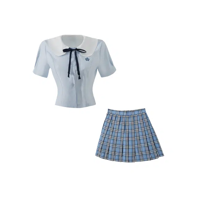 花山家的猫 娃娃领舒适短袖衬衫格子通勤百褶裙气质时尚绳结裙装套装 女 浅蓝色