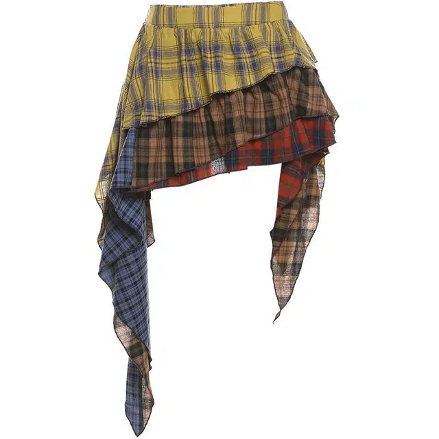 哒头下雨不愁 多巴胺缤纷美式复古格纹印花层叠流苏蓬蓬半身裙女休闲短裙 女款 黄色