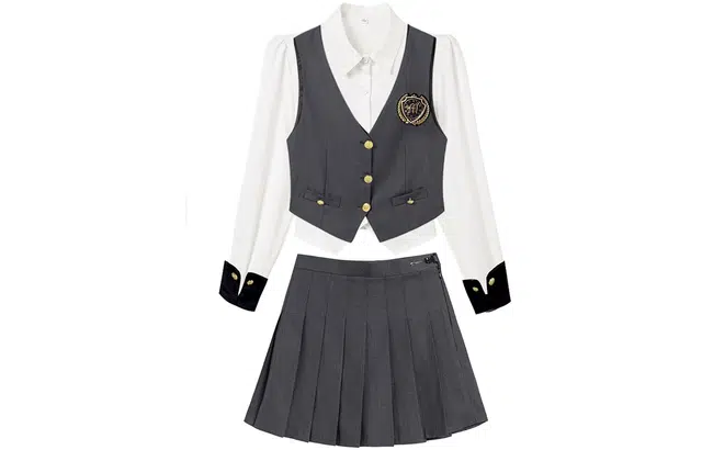 九条喵 尖领长袖衬衫单排扣马甲纯色高腰百褶短裙制服 女款