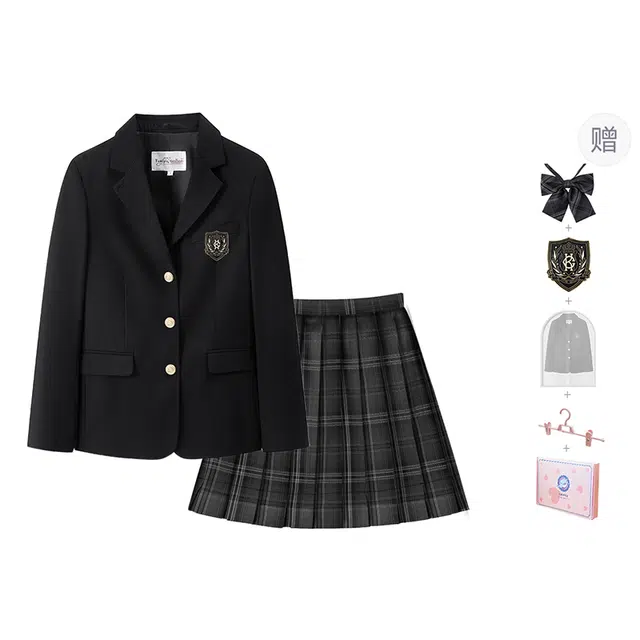 东鲸岁时记 学院风纯色舒适西服格子伯克利短款百褶裙制服 女款 礼盒装 黑色